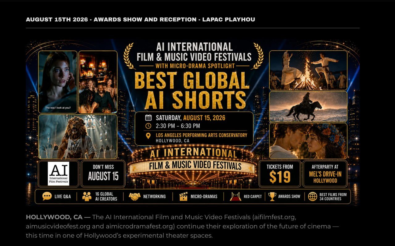 AI International Film & Music Video Festivals — Best Global AI Shorts, 15 августа 2026, Голливуд